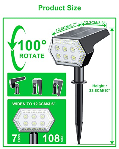 Luz Solar Exterior,【4 Modos/ 108 LED】HOTIME Luces LED Solares para Exteriores,IP65 Impermeable Luces Solares LED Exterior Jardin, 2 en 1 Super Brillante Foco Solar Exterior para Patio Garten Camino