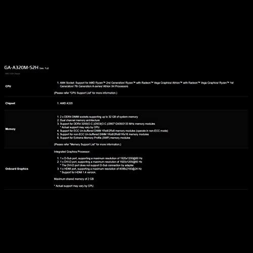 LYWYOUDDKH Gigabyte GA A320M S2H Micro ATX AMD-A320 DDR4 M.2 USB3.1 STAT3.0 SSD / 32G Mejor Soporte CPU de Escritorio Socket AM4 Placa Base