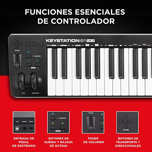 M-Audio Keystation 61MK3 - Teclado Controlador MIDI Compacto de 61 teclas con controles asignables, ruedas de cambio de tono / modulación, conectividad Plug-and-Play (Mac/PC) y software incluida