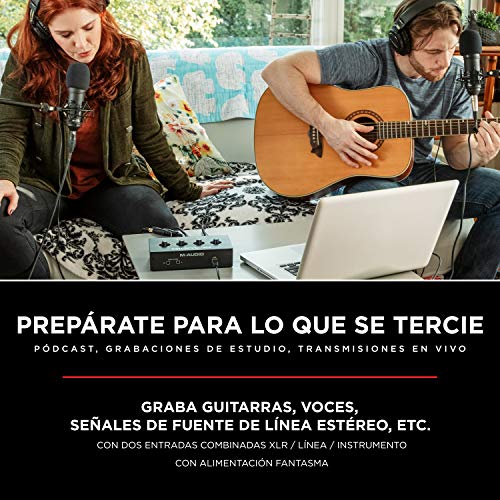 M-Audio M-Track Duo - Interfaz de audio USB, tarjeta de sonido para grabaciones, transmisiones y pódcasts con entradas XLR, línea y DI, paquete de software incluido