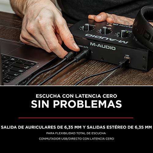 M-Audio M-Track Duo - Interfaz de audio USB, tarjeta de sonido para grabaciones, transmisiones y pódcasts con entradas XLR, línea y DI, paquete de software incluido
