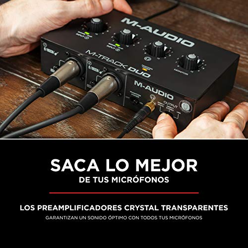 M-Audio M-Track Duo - Interfaz de audio USB, tarjeta de sonido para grabaciones, transmisiones y pódcasts con entradas XLR, línea y DI, paquete de software incluido