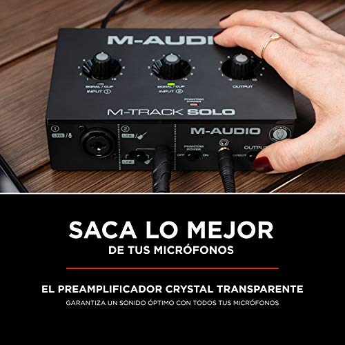 M-Audio M-Track Solo - Interfaz de audio USB, tarjeta de sonido para grabaciones, transmisiones y pódcasts con entradas XLR, línea y DI, paquete de software incluido