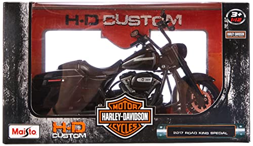Maisto Harley-Davidson Road King Special - Modelo de Moto 1:12, Horquilla giratoria, Caballete Lateral móvil, 20 cm, Color Negro (532336)