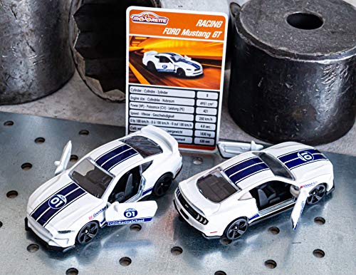 Majorette 212084009Q15 Racing Ford Mustang GT - Coche de Juguete, Rueda Libre, Piezas de Apertura, 7,5 cm, Color Blanco/Azul, para niños a Partir de 3 años