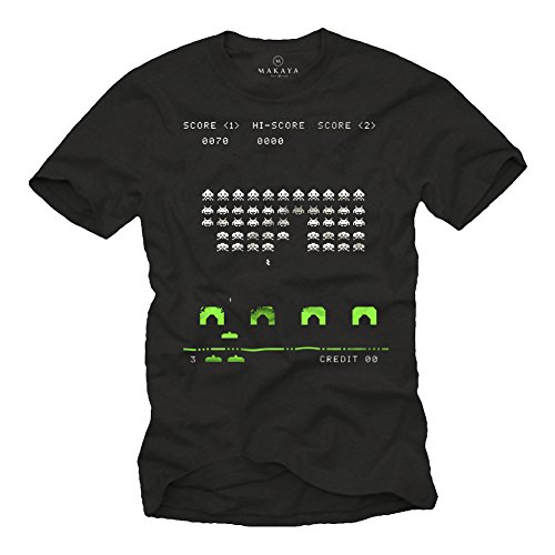 MAKAYA Camiseta Gamer Hombre - Space Invaders - Negro M