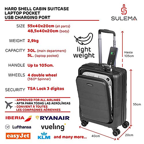 Maletas de Cabina 55x40x20 con USB de Carga Equipaje de Mano Trolley rigida 4 Ruedas giratorias 360º candado TSA Maleta Ryanair, Grandes Resistentes Sulema (Negro)