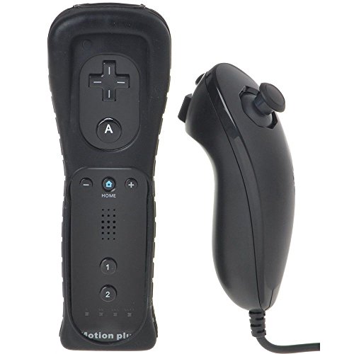 Mando Remote + Motion Plus + Nunchuck + Funda + Correa para Nintendo Wii - Wii U - Wii Mini, Color Negro