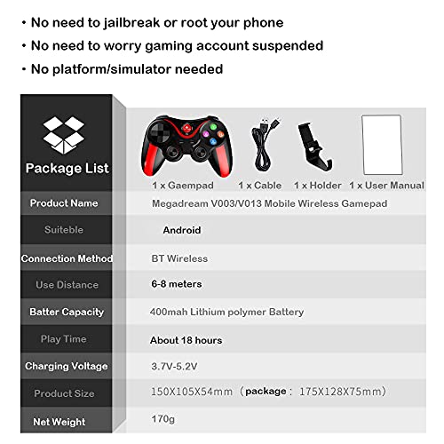 Mandos para Moviles Android iOS, Megadream Key Mapping Gamepad Inalámbrico Joystick Controlador de juegos móvil para PUBG Fotnite - No se necesita plataforma