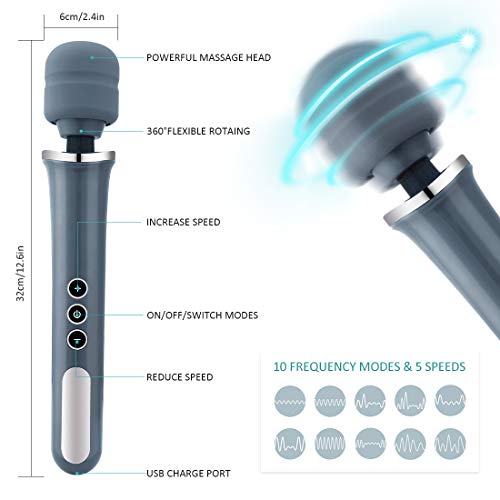 MANFLY Masajeador de Varita Eléctrica Recargable, Masajeador de Músculos Profundos con 10 Modos de Masaje por Vibración, Potente Masajeador de Mano (Gris)