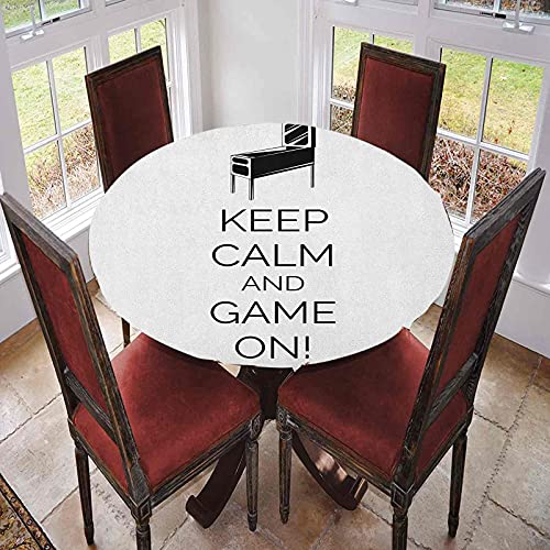 Mantel redondo con bordes elásticos, Pinball Machine Arcade Room Concept Keep Calm And Game On Fun Entertainment, diseño Keep Calm para mesas de hasta 62 pulgadas de diámetro, color negro y blanco