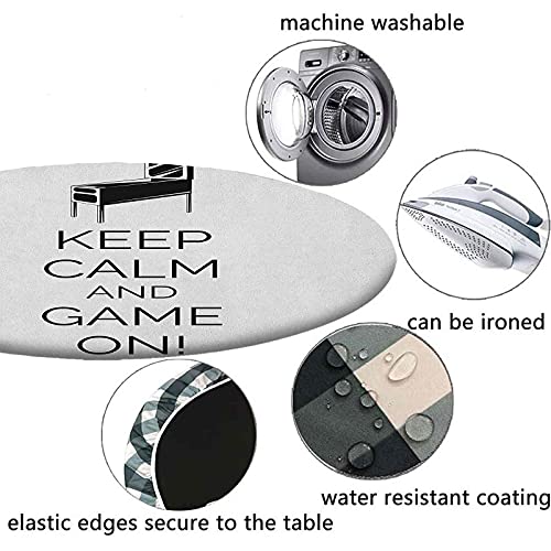 Mantel redondo con bordes elásticos, Pinball Machine Arcade Room Concept Keep Calm And Game On Fun Entertainment, diseño Keep Calm para mesas de hasta 62 pulgadas de diámetro, color negro y blanco