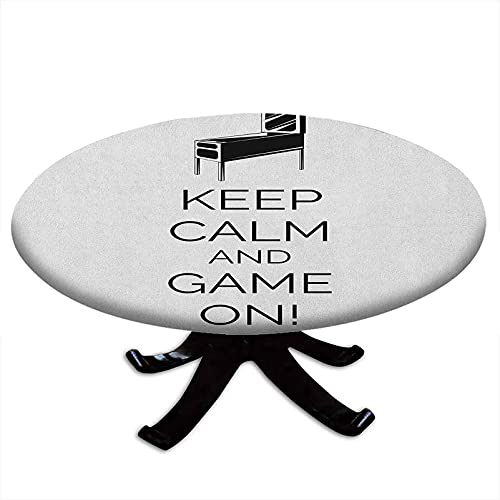 Mantel redondo con bordes elásticos, Pinball Machine Arcade Room Concept Keep Calm And Game On Fun Entertainment, diseño Keep Calm para mesas de hasta 62 pulgadas de diámetro, color negro y blanco