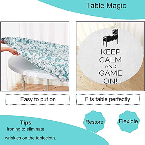 Mantel redondo con bordes elásticos, Pinball Machine Arcade Room Concept Keep Calm And Game On Fun Entertainment, diseño Keep Calm para mesas de hasta 62 pulgadas de diámetro, color negro y blanco