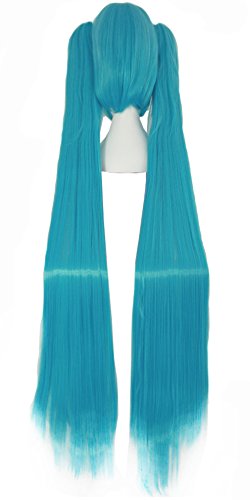Mapofbeauty 47 Pulgadas/120cm 2 Colas de Caballo Largo Recto Peluca Cosplay Costume Party (Azul Cian)