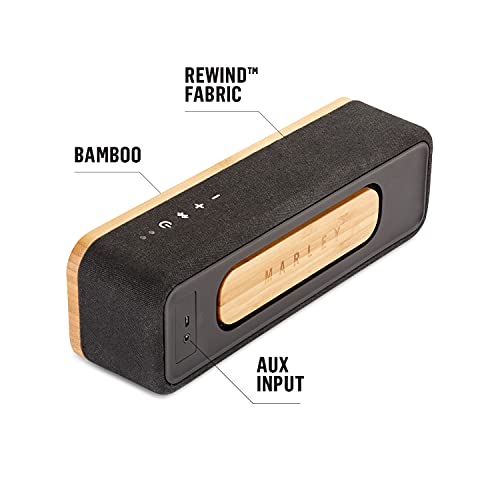 Marley Get Together Mini Altavoz Pórtatil con Bluetooth, Entrada Auxiliar, 10 hs de Batería, Subwoofers de 2,5. Fabricado con Tela REWIND, Frente de Bambú y Aluminio Reciclable, Pulgadas - Negro