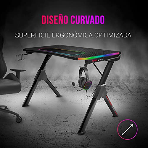Mars Gaming MGDRGB, Mesa Gaming RGB, Soporte Cascos + Botella, 110x60cm, Negro