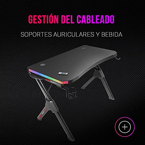 Mars Gaming MGDRGB, Mesa Gaming RGB, Soporte Cascos + Botella, 110x60cm, Negro