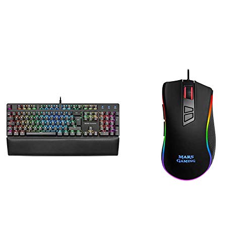 Mars Gaming MK5, Teclado mecánico Switch Azul, RGB 16.8, Software, reposamuñecas + MM218, Ratón para Pc (10000 dpi, Sensor Óptico Profesional, Iluminación Chroma Rgb0), LED Óptico/Cable, Negro