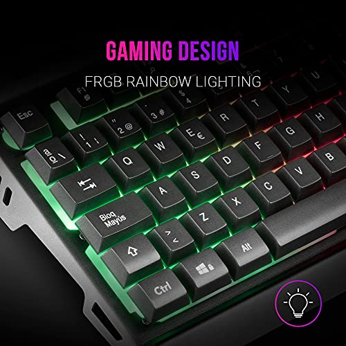 MARSGAMING MK120PT, Teclado Gaming FRGB, Aluminio, Antighosting, Soporte Smartphone, Portugués, Gris y Negro