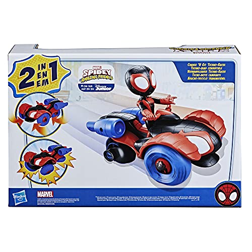 Marvel Spidey and His Amazing Friends - Tecno-moto Change 'N Go y figura de Miles Morales de 10 cm - Vehículo 2 en 1 - Edad: 3+