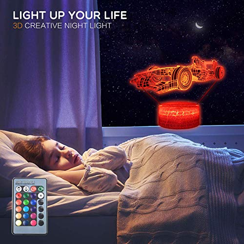 MARZIUS F1 Race Sports Car 3D Illusion Night Light,lámpara de mesa con forma de Roadster con tarjeta de felicitación,base luminosa, para hombres,niños,niños,regalos para adolescentes (1)