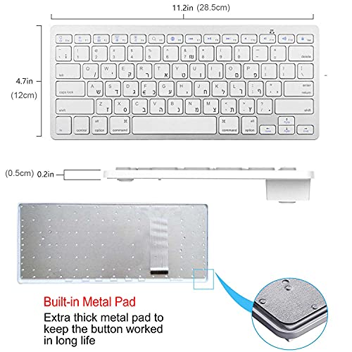 MEIXIANG Ultra Slim Hebrew Bluetooth Keyboard Israel Teclado Inalámbrico De Bajo Ruido Compatible para Tabletas US-Hebreo-Plata