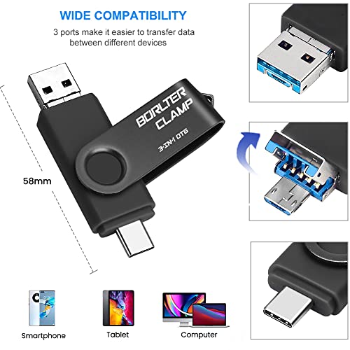 Memoria USB 3.0 de 64 GB Unidad Flash 3 en 1 para Teléfonos Android, BorlterClamp Pendrive OTG Memory Stick con 3 Puertos (USB C/microUSB/USB 3.0) para Samsung Galaxy, PC y Más (Negro)