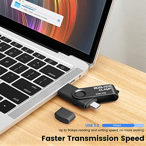 Memoria USB 3.0 de 64 GB Unidad Flash 3 en 1 para Teléfonos Android, BorlterClamp Pendrive OTG Memory Stick con 3 Puertos (USB C/microUSB/USB 3.0) para Samsung Galaxy, PC y Más (Negro)