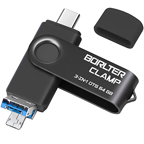 Memoria USB 3.0 de 64 GB Unidad Flash 3 en 1 para Teléfonos Android, BorlterClamp Pendrive OTG Memory Stick con 3 Puertos (USB C/microUSB/USB 3.0) para Samsung Galaxy, PC y Más (Negro)