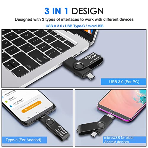 Memoria USB 3.0 de 64 GB Unidad Flash 3 en 1 para Teléfonos Android, BorlterClamp Pendrive OTG Memory Stick con 3 Puertos (USB C/microUSB/USB 3.0) para Samsung Galaxy, PC y Más (Negro)