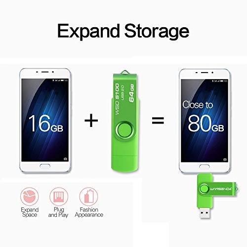 Memoria USB Pendrive 128GB 64GB 32GB 16GB Wansenda S100 OTG USB 2.0 para Dispositivos Android, PC/Tableta/Mac (64GB,Verde)