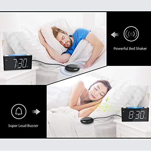 Mesqool Reloj Despertador de vibración Fuerte, Pantalla de LED, luz Nocturna de 7 Colores, Control de Brillo, 3 Niveles de Volumen, 2 Puertos de Carga USB, Reloj Digital para Parejas, sordos