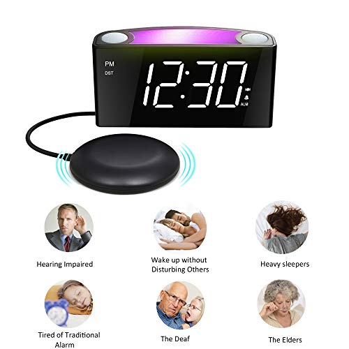 Mesqool Reloj Despertador de vibración Fuerte, Pantalla de LED, luz Nocturna de 7 Colores, Control de Brillo, 3 Niveles de Volumen, 2 Puertos de Carga USB, Reloj Digital para Parejas, sordos