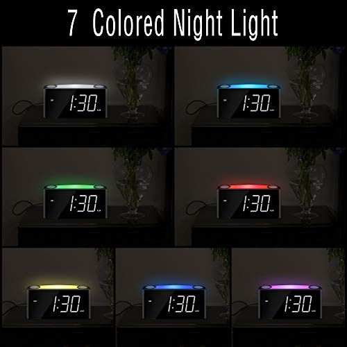 Mesqool Reloj Despertador de vibración Fuerte, Pantalla de LED, luz Nocturna de 7 Colores, Control de Brillo, 3 Niveles de Volumen, 2 Puertos de Carga USB, Reloj Digital para Parejas, sordos