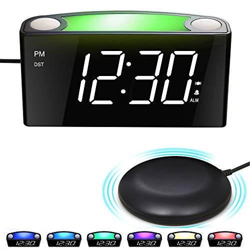Mesqool Reloj Despertador de vibración Fuerte, Pantalla de LED, luz Nocturna de 7 Colores, Control de Brillo, 3 Niveles de Volumen, 2 Puertos de Carga USB, Reloj Digital para Parejas, sordos