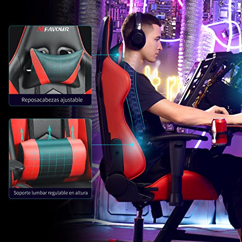mfavour Silla Gaming, Silla Gamer Ergonómica, Racing Sillas de Juego con Reposacabeza Apoyo y Cojín Lumbar, Cuero Sintético PU, Oficina Silla Computadora,para Los Jugadores de PC Gamer, Rojo