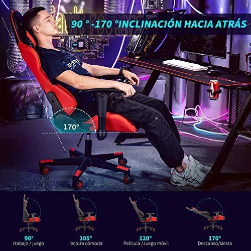 mfavour Silla Gaming, Silla Gamer Ergonómica, Racing Sillas de Juego con Reposacabeza Apoyo y Cojín Lumbar, Cuero Sintético PU, Oficina Silla Computadora,para Los Jugadores de PC Gamer, Rojo