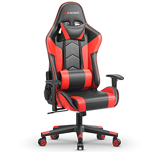 mfavour Silla Gaming, Silla Gamer Ergonómica, Racing Sillas de Juego con Reposacabeza Apoyo y Cojín Lumbar, Cuero Sintético PU, Oficina Silla Computadora,para Los Jugadores de PC Gamer, Rojo
