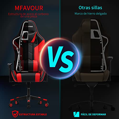 mfavour Silla Gaming, Silla Gamer Ergonómica, Racing Sillas de Juego con Reposacabeza Apoyo y Cojín Lumbar, Cuero Sintético PU, Oficina Silla Computadora,para Los Jugadores de PC Gamer, Rojo