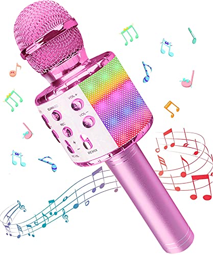 Micrófono Inalámbricos Karaoke, Microfono Niños Bluetooth Portátil con Altavoz y Luces LED, para KTV Canta Partido Musica, Compatible con Android/iOS PC, AUX o Teléfono Inteligente