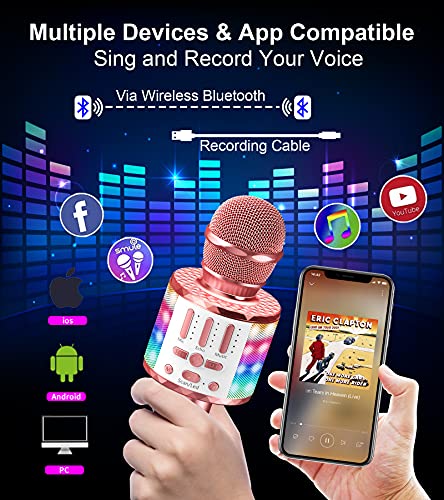 Micrófono Karaoke Bluetooth, Microfono Inalámbrico Karaoke con Altavoz y LED, Micrófono Portátil para Niños Canta Partido Musica, Niñas Juguete de Regalo, Soporte Youtube, Skype, Android/iOS/PC/AUX