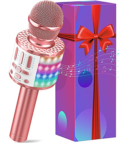 Micrófono Karaoke Bluetooth, Microfono Inalámbrico Karaoke con Altavoz y LED, Micrófono Portátil para Niños Canta Partido Musica, Niñas Juguete de Regalo, Soporte Youtube, Skype, Android/iOS/PC/AUX