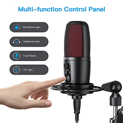 Micrófono PC Condensador USB, OMOTON Micrófono Podcast Profesional con Brazo para Streaming, Gaming, Estudio, Youtube, PS4 PS5, Micrófono Cardioide con Chip de Sonido, Enchufe de auriculares y Soporte