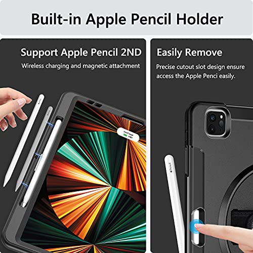 Miesherk Funda para iPad Pro 12.9 2021: Militar Antichoque a 3 Capas Cover Case iPad Pro de 12,9 5th Generation - Portalápices - Soporte Giratorio - Correa de Mano/Hombro - Negro
