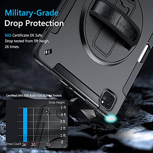 Miesherk Funda para iPad Pro 12.9 2021: Militar Antichoque a 3 Capas Cover Case iPad Pro de 12,9 5th Generation - Portalápices - Soporte Giratorio - Correa de Mano/Hombro - Negro