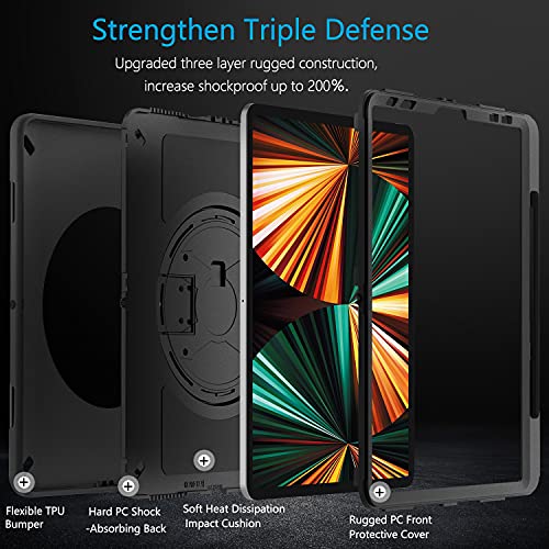 Miesherk Funda para iPad Pro 12.9 2021: Militar Antichoque a 3 Capas Cover Case iPad Pro de 12,9 5th Generation - Portalápices - Soporte Giratorio - Correa de Mano/Hombro - Negro