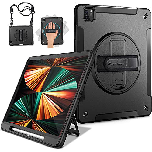 Miesherk Funda para iPad Pro 12.9 2021: Militar Antichoque a 3 Capas Cover Case iPad Pro de 12,9 5th Generation - Portalápices - Soporte Giratorio - Correa de Mano/Hombro - Negro
