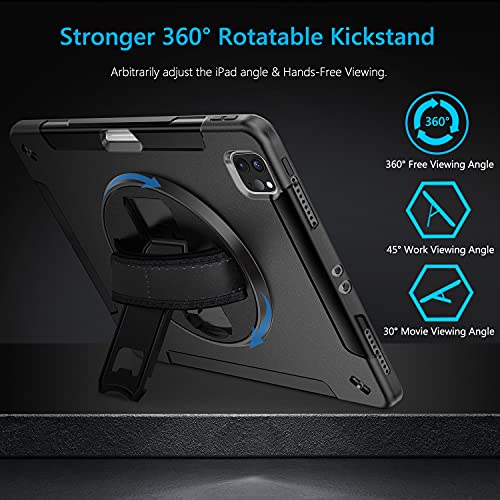 Miesherk Funda para iPad Pro 12.9 2021: Militar Antichoque a 3 Capas Cover Case iPad Pro de 12,9 5th Generation - Portalápices - Soporte Giratorio - Correa de Mano/Hombro - Negro