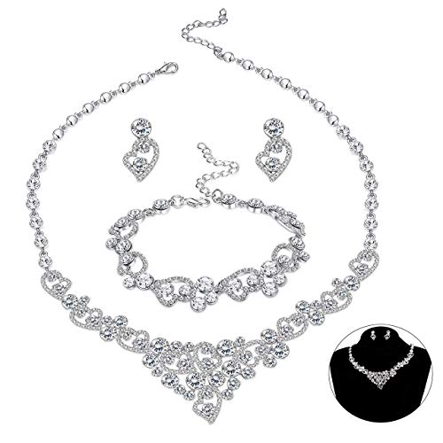 MILACOLATO Plata-Piedra Cristal Corazón Nupcial Dama de Honor Collar de Diamantes de Imitación Conjunto Pulsera Colgar Pendientes Conjuntos de Joyas de Baile de Bodas